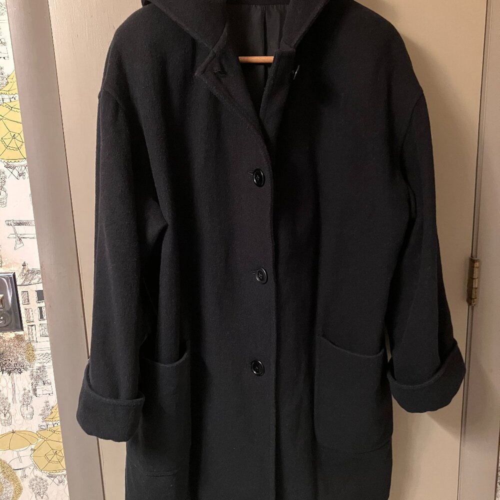 Larry Levine Women's Classic Black Hooded COAT (Peacoat), Size 10, Cuffed Slvs